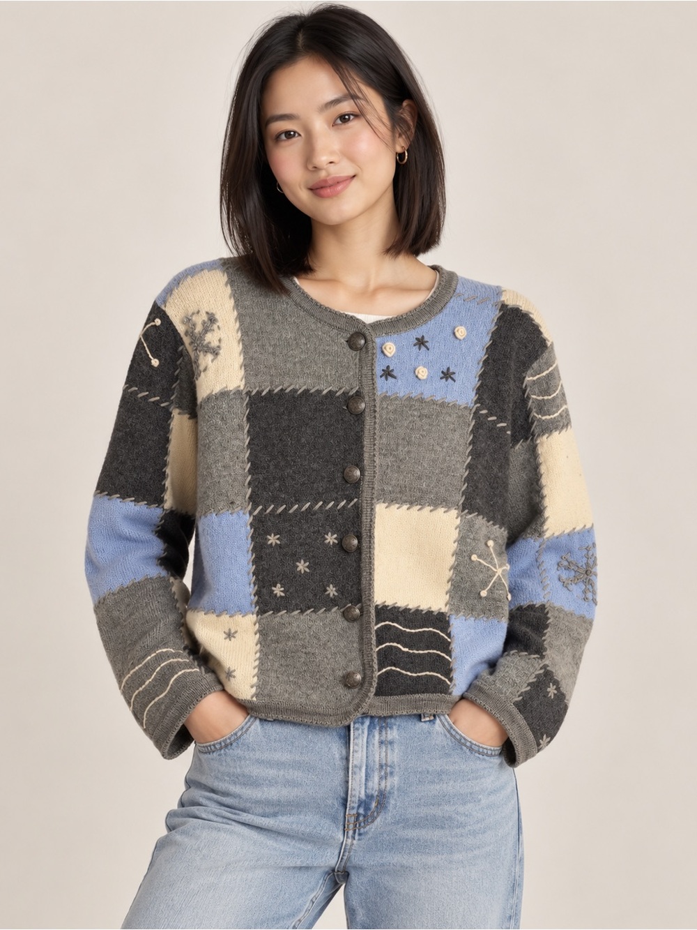 Vtg Tally Ho 100% Wool Patchwork Cardigan Sweater L Gray Blue Snowflake Winter